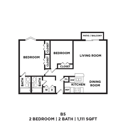 A floor plan of a B5 apartment with 2 bedrooms and 2 bathrooms.